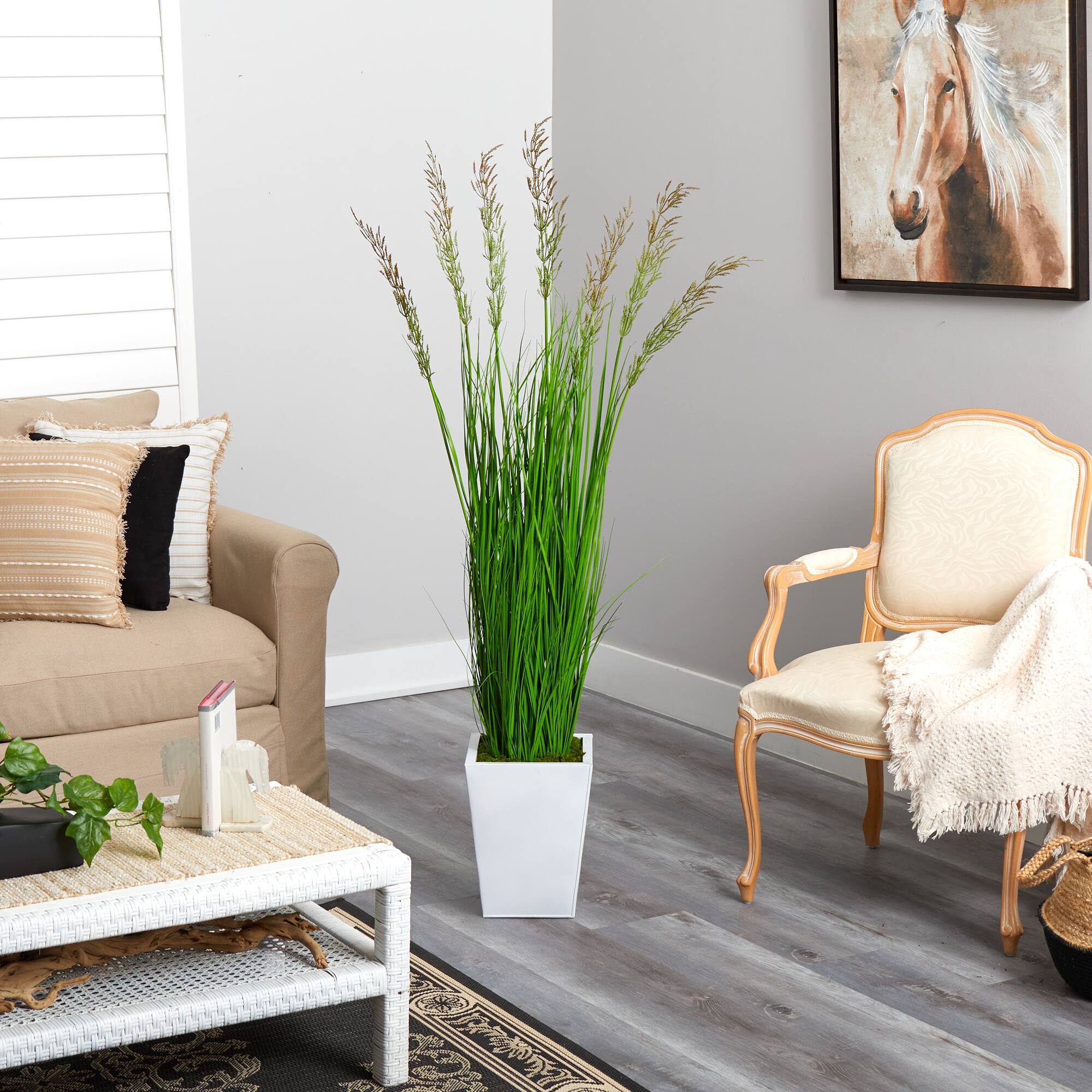 5ft. Wheat Grass Artificial Plant in White Metal Planter